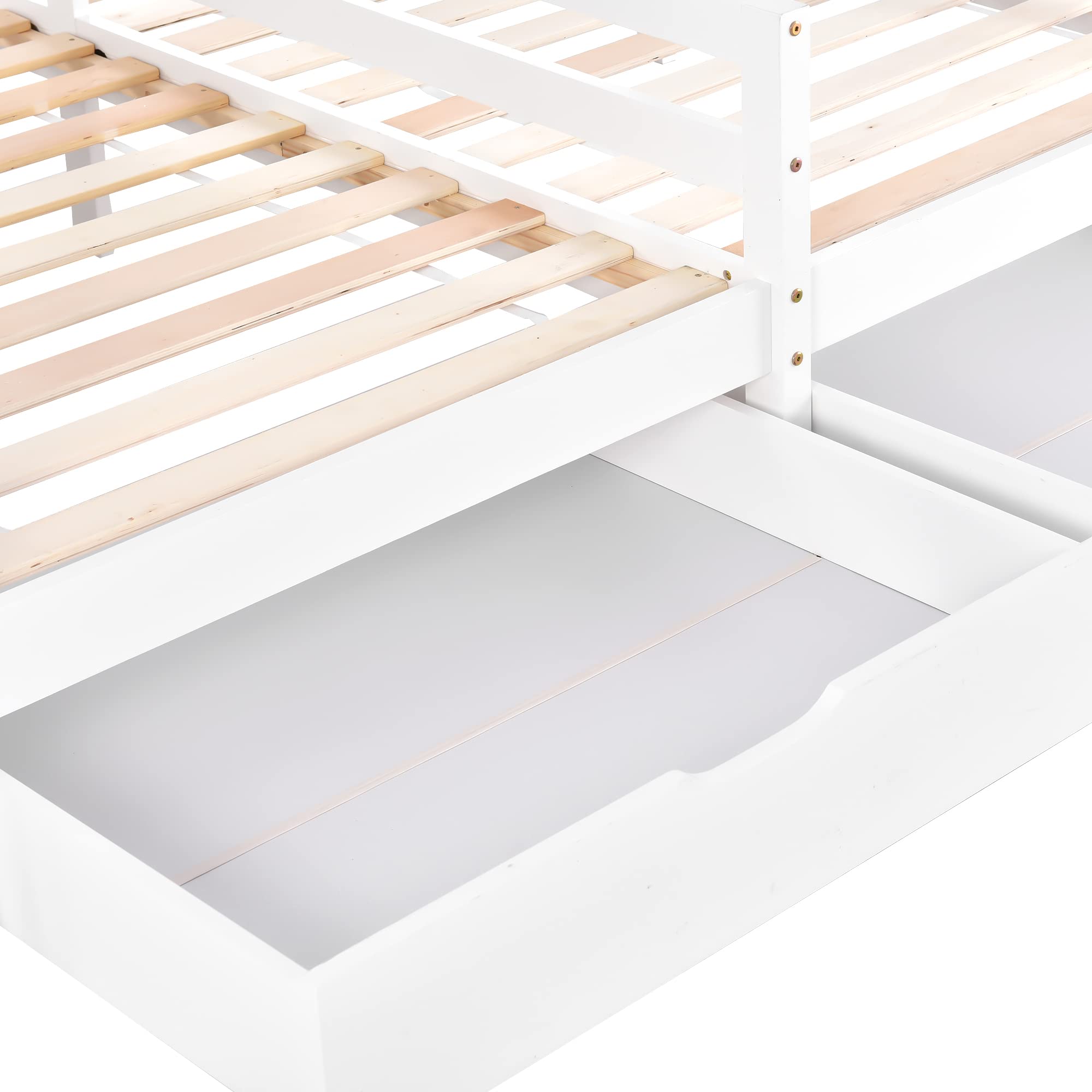 Merax Hausbett 90x200 cm mit 2 Schubladen, für 2 Kinder Doppelbett, Vielseitiges Holz Baumhausbett für Mädchen & Jungen, Stabil Spielbett Gitterbett mit Rausfallschutz und Lattenrost, Weiß
