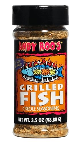 Andy Roo's Condimento criollo de pescado a la parrilla sin sal, coctelera de 3.5 onzas (sin sal, sin MSG, mezcla totalmente natural)