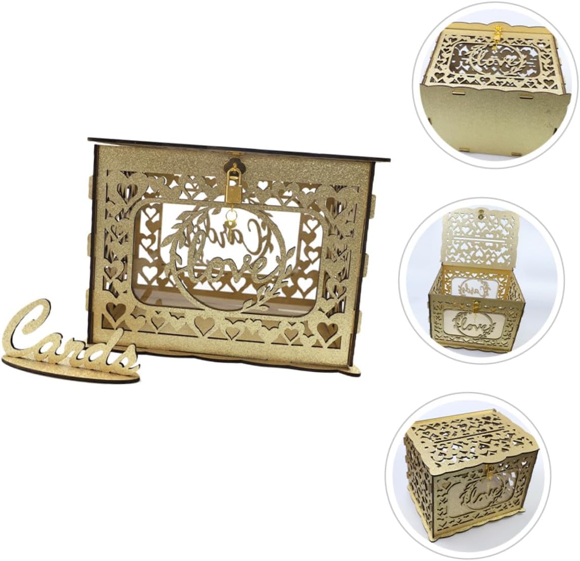 Wooden Hollow Glitter Card Box for Wedding Reception and Anniversary with Envelope Slot, Portable Greeting Cards Container for Birthday and Valentine’s Day Decorations