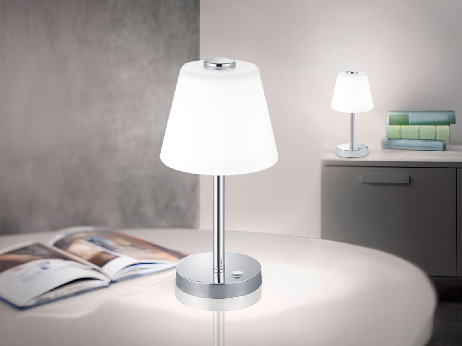 Trio Leuchten – Lampada da tavolo, Metallo/Vetro ombrello, integrato, 4 W, cromato, 15 x 15 x 29 cm