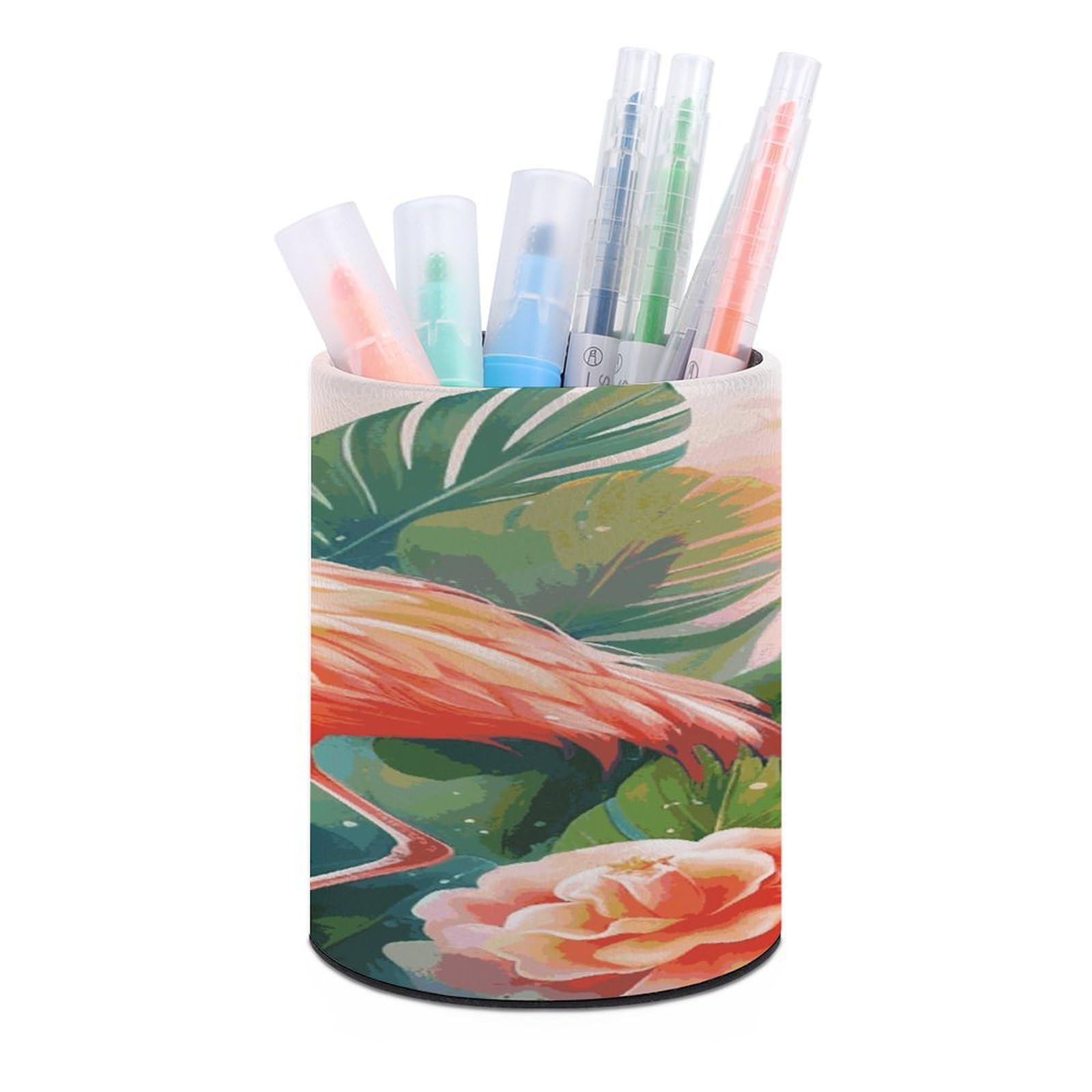LDGSUPH Tropical Flamingo Round Pen Holder Leather Pen Cup Pencil Cup Pen Organizer Pencil Holder for Desk Organizer Pencil Organizers Makeup Brush Holders for Home Office Gift