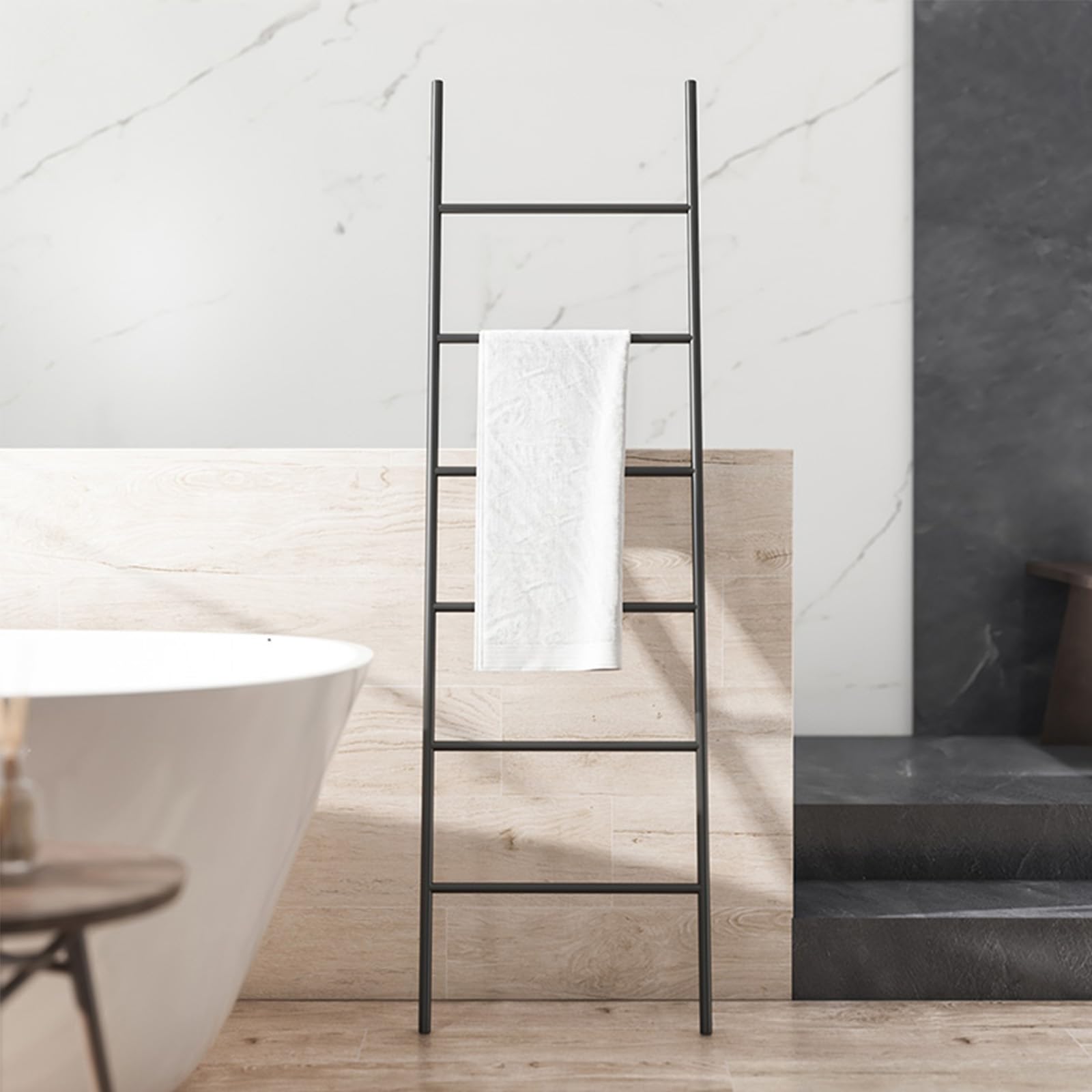 Scala Porta Coperte autoportante a 6 Ripiani in Metallo, Elegante Decorazione per la casa, per Camera da Letto e Soggiorno, stendibiancheria (50x170 cm, Nero)