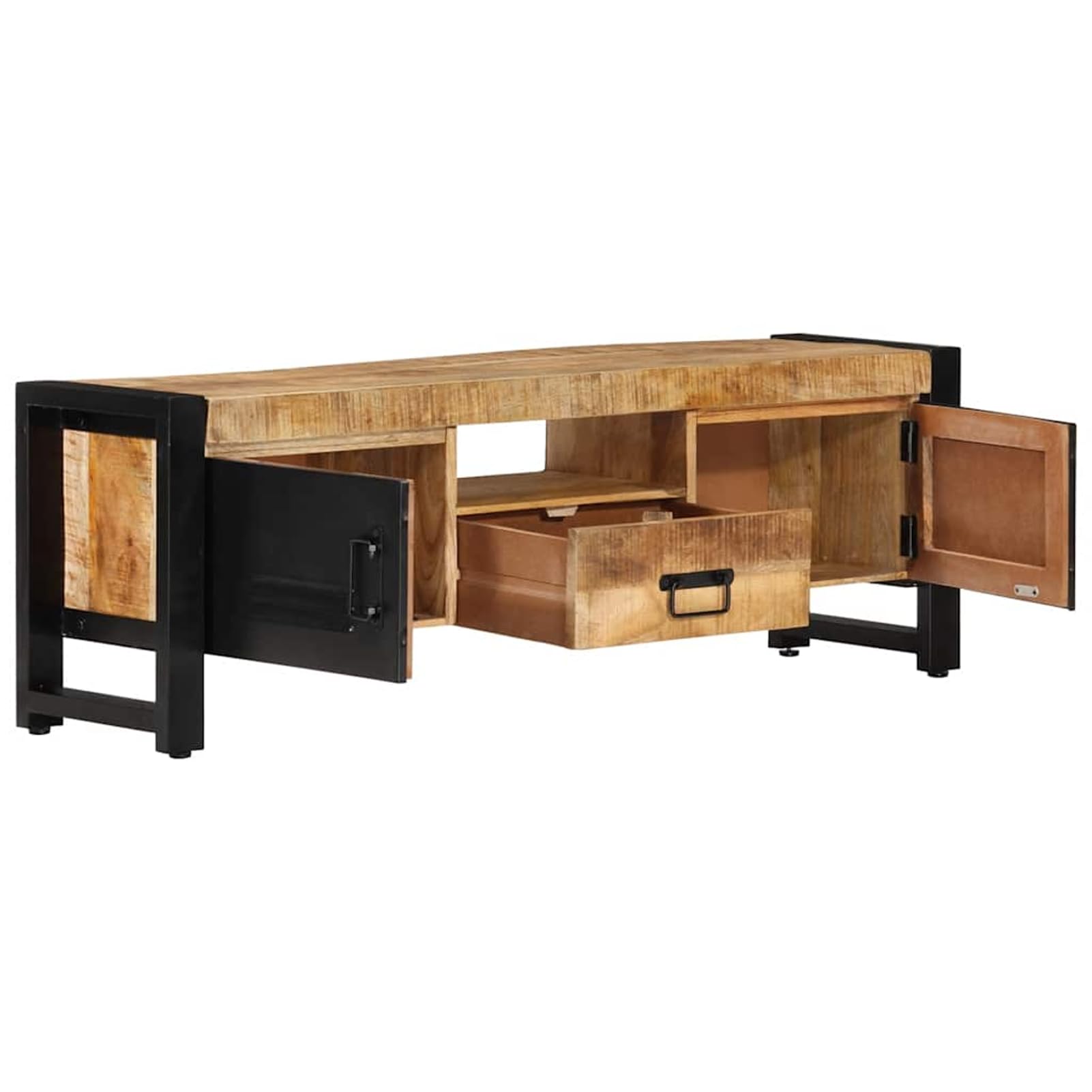 Mobile TV in legno massiccio di mango, design industriale con verniciatura a polvere nera, 120 x 30 x 40 cm, 1 pezzo, soggiorno
