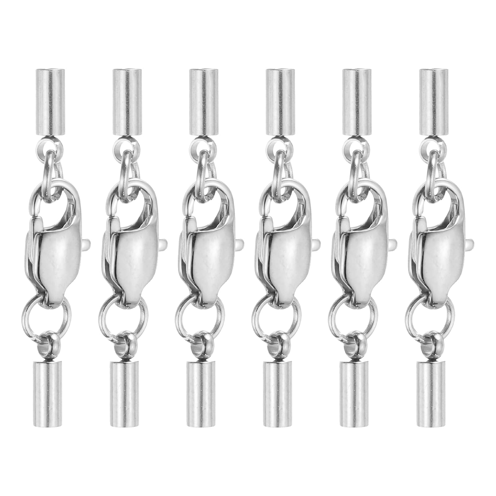 sourcing map 6Set 2mm Leather Cord End Caps with Lobster Claw Clasps Connector, Stainless Steel Cord Ends Barrel Terminators for Jewelry Making DIY Crafts Necklace Bracelets, Silver