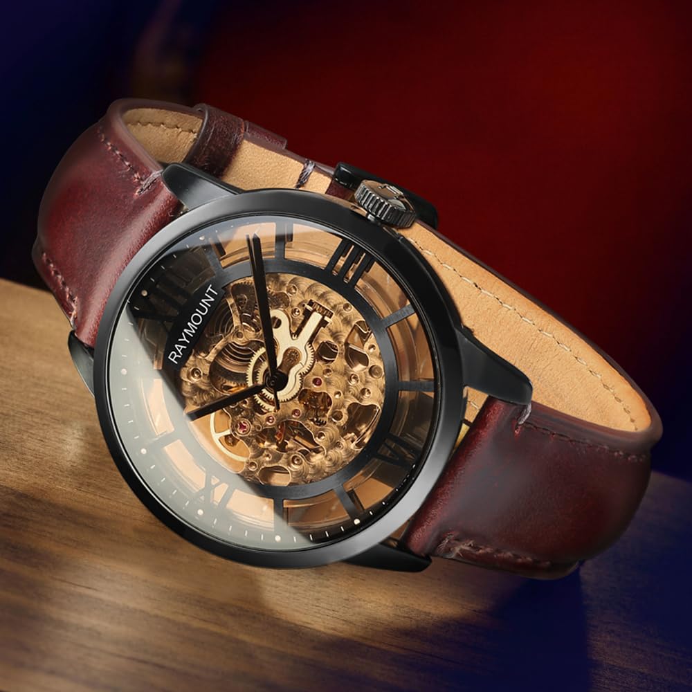 FORSINING Automatik Uhr Herren, Herrenuhr Automatik, Skelett Zifferblatt und Lederband Doppelseite Hollow Out Watch for Men