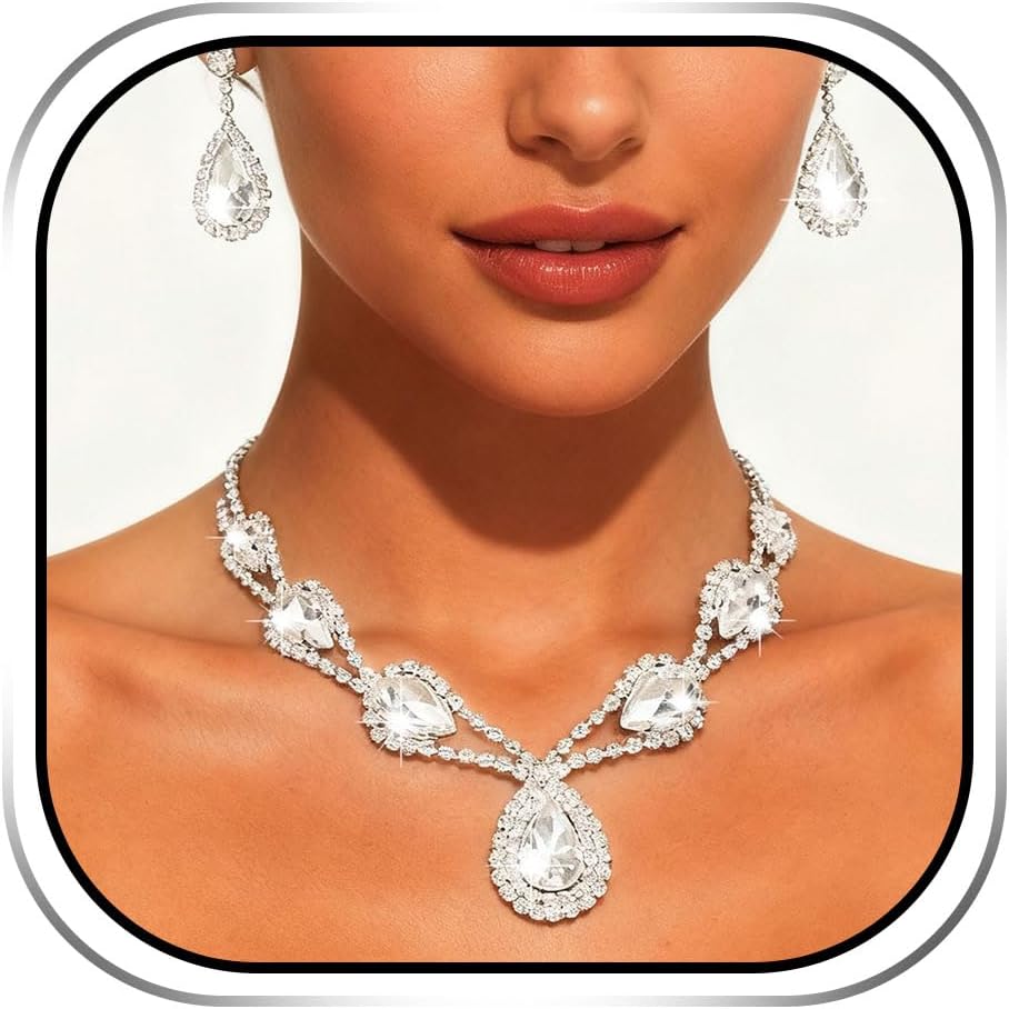 Sixexey Bridal Wedding Jewelry Set Silver Rhinestone Crystal Necklace Earrings Sparkly Prom Costume Neck Jewelry for Women