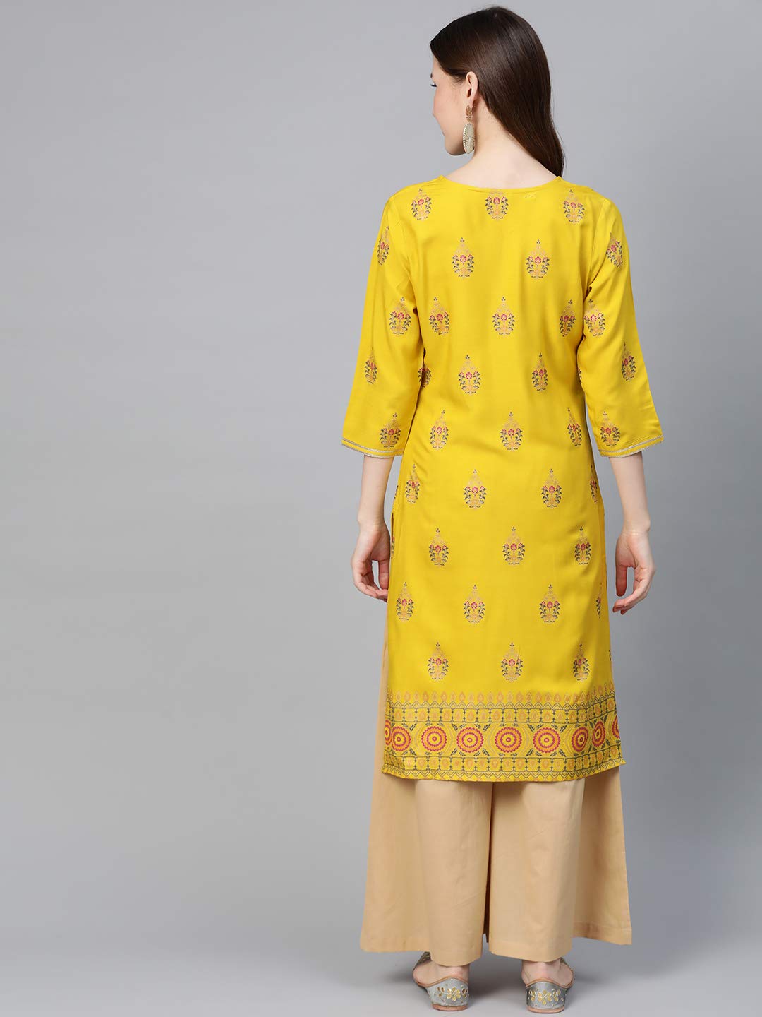 Idalia Women's Mustard Rayon Kurta With Beige Palazzo (Mustard, S)