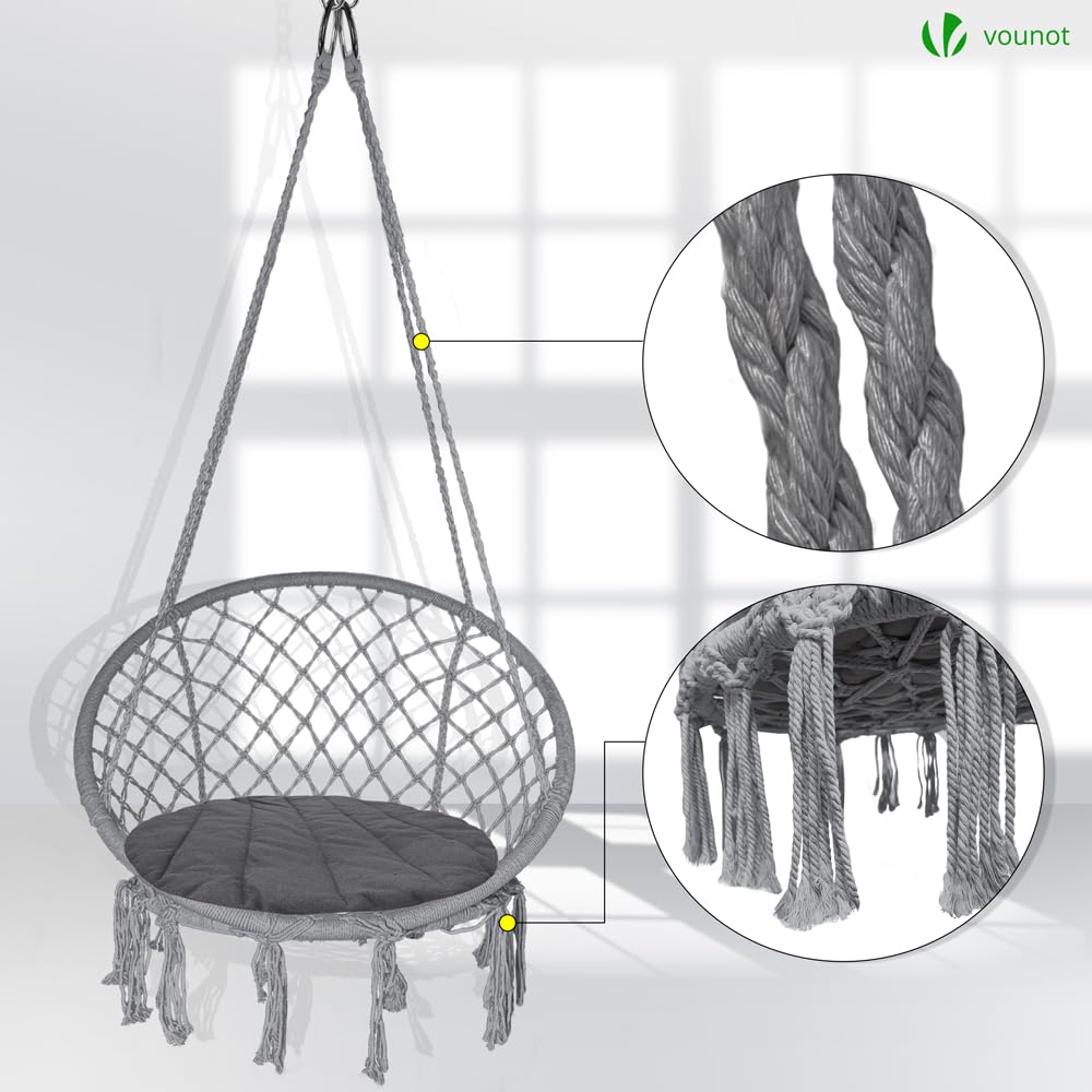 VOUNOT Hängesessel mit Fransen und bequemen Sitzkissen, Durchmesser 80 cm, Schaukelstuhl für Innen- und Außenbereich, Hängesitz, Dunkelgrau