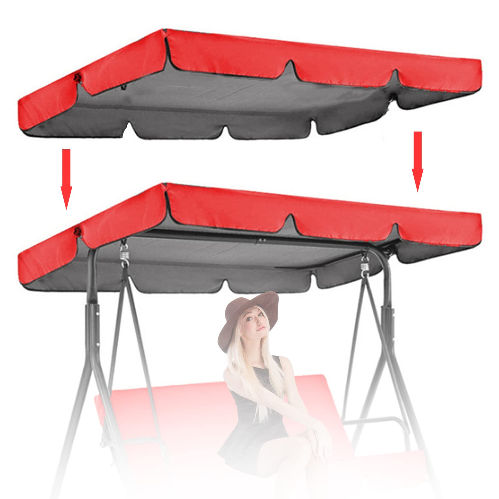 Swing Chair Canopy Replacement 2/3 Seater, Universal Waterproof UV Resistant Swing Canopy Cover for Sun Shade Outdoor Swing Seat Hammock (Only Canopy Cover),Red,142 * 120 * 18cm