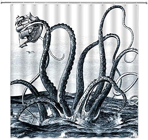 WZFashion Octopus Tentacle Shower Curtain,Nautical Giant Octopus Ocean Kraken Tentacles Attack Ink Old Style Sail Ship Marine Monster Adventure Fabric Bathroom Curtain Set with Hook 70x70 Inch Blue
