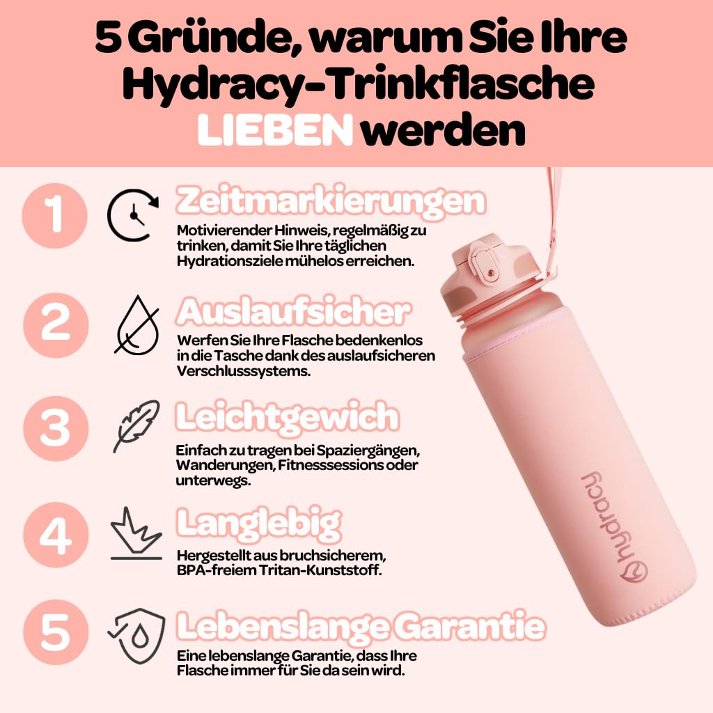 Hydracy Trinkflasche mit Strohhalm und Zeitmarkierung - 1L Wasserflasche - BPA-freie Trinkflasche - Auslaufsichere Sportflasche - Kondensationsfrei für Sport und Outdoor