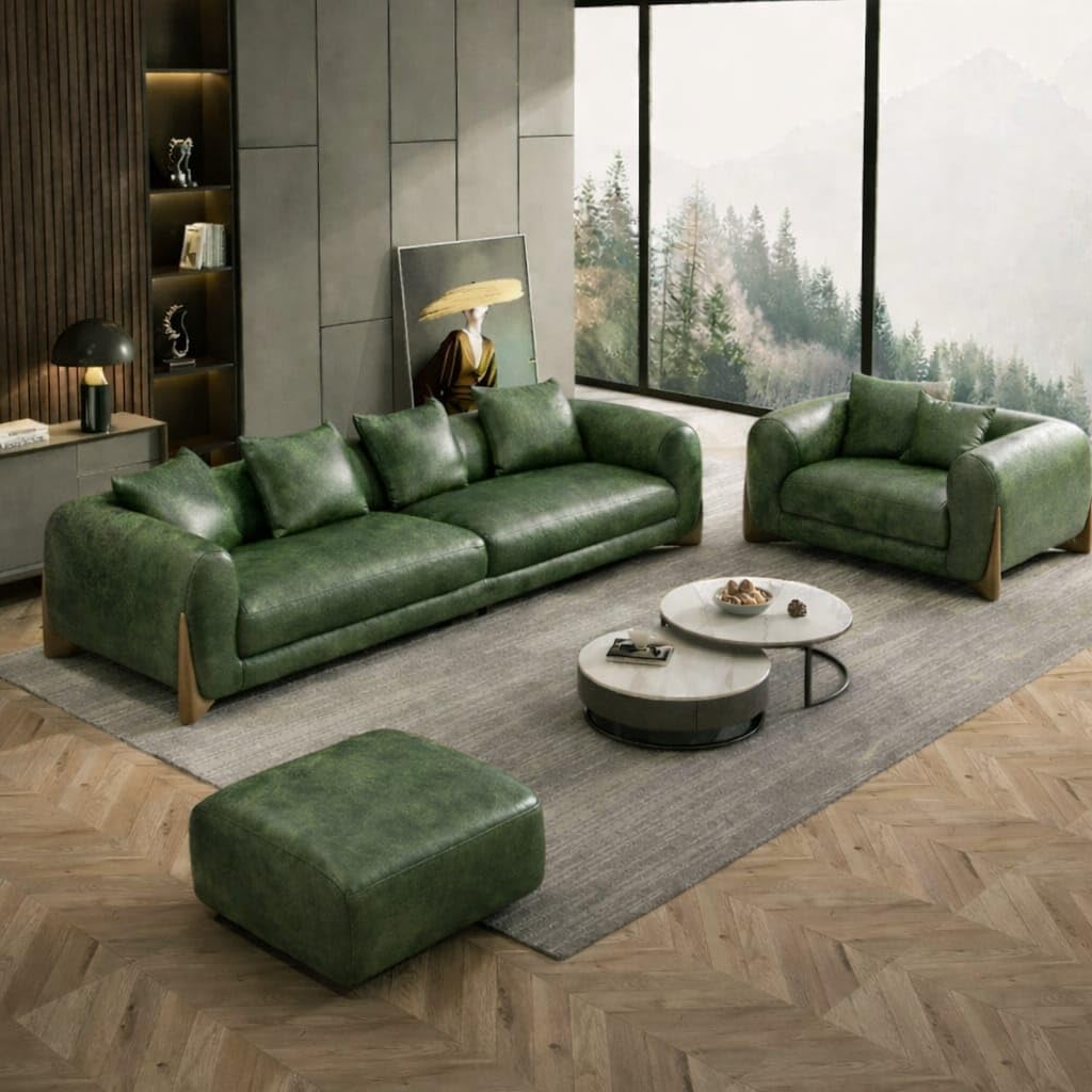 Modern Leatherette Upholstered Sofa Set with Sheesham Wood Polished Legs, 3 Seater Sofa, 1 Seater and Ottoman, Sofa for Living Room, Hallways (Green)-image-34