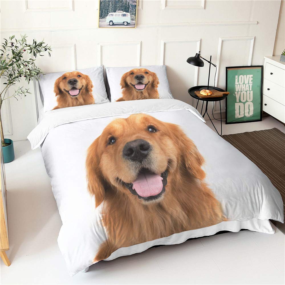 Morbuy Boys Golden Retriever White Duvet Cover Set For Single Double Super King Size Bed Soft Microfiber Fade Resistant Fabric 3D Puppy Printed Bedding Set With Pillow Cases (,King-220X230cm)