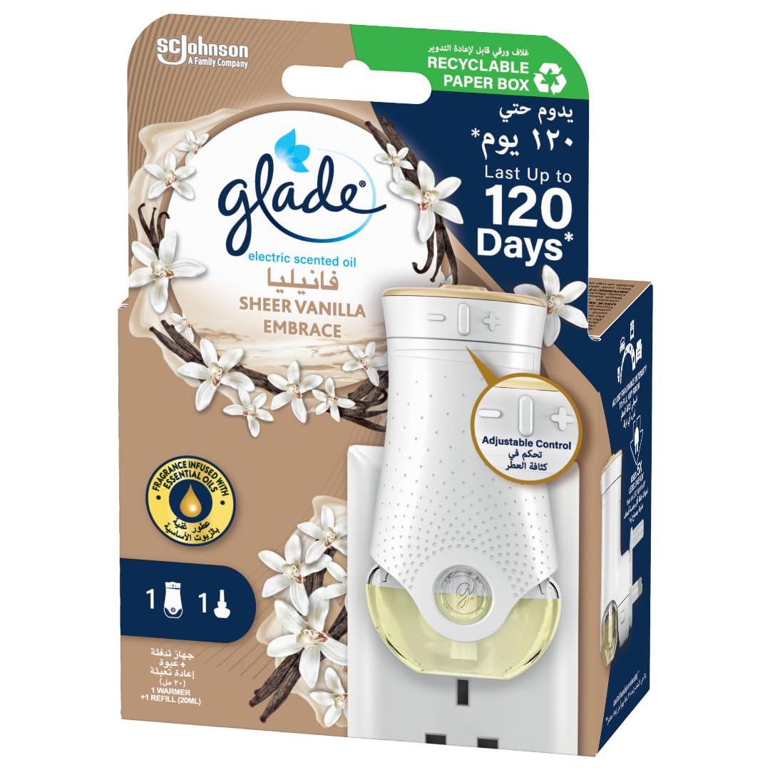 Glade Electric Scented Oil Plug-In Holder and Refill, Sheer Vanilla Embrace, Air Freshener, 20ml, Up to 120 Days of Fresh Scent