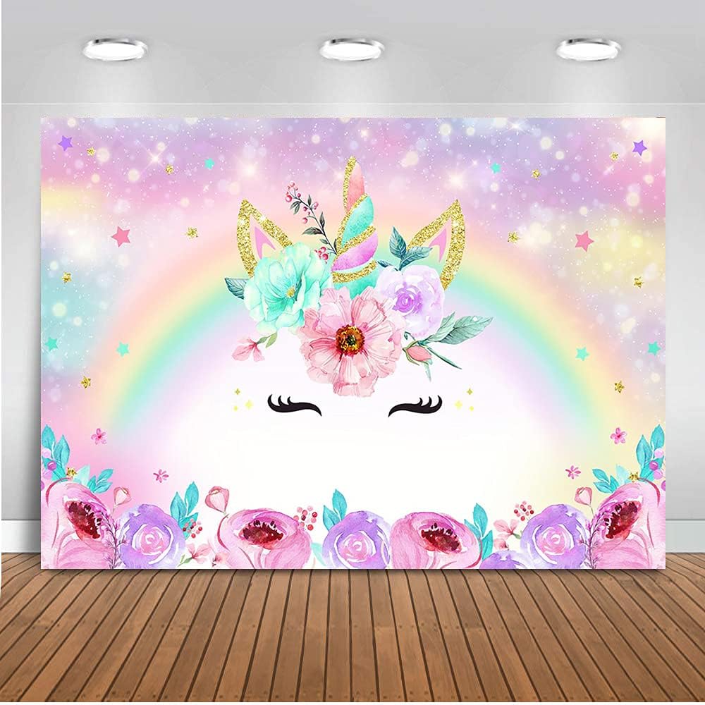 Avezano Unicorn Birthday Backdrop Gold Glitter Rainbow Unicorn Baby Shower Photo Background Girls Birthday Bokeh Floral Party Decorations Kids Photo Booth Gifts Gerder Reveal Party Banner (5x3ft)