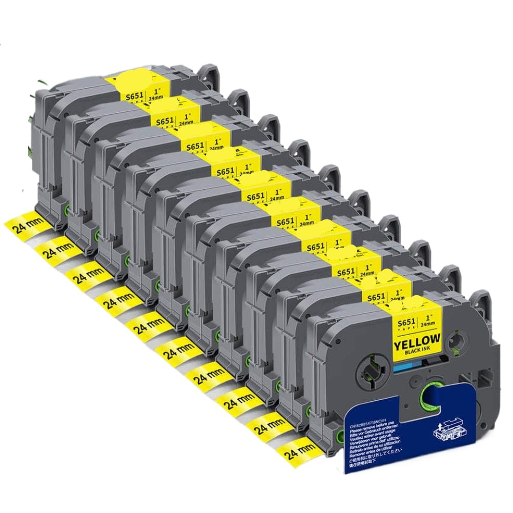Paquete de 10 cintas de etiquetas compatibles con TZe-S251 de 24 mm con adhesivo acrílico para determinados fabricantes de etiquetas (negro sobre amarillo)