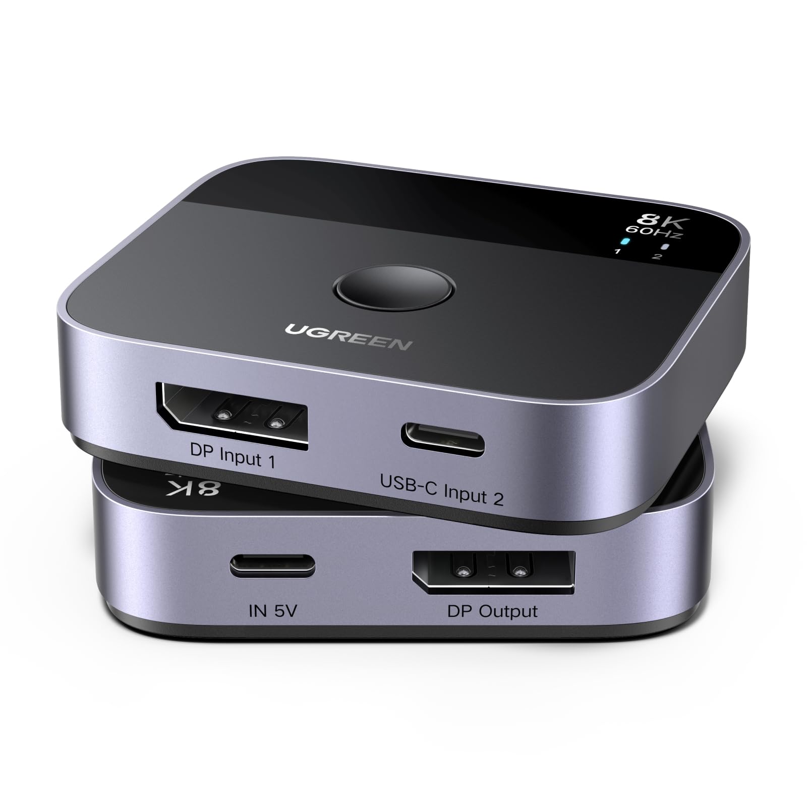 UGREEN DisplayPort USB C Switch 2 In 1 Out DP1.4 Switcher 8K60Hz 4K120Hz 2 PC 1 Monitor Unterstützt des Umschaltens zwischen 1 Desktop-Computer und 1 Laptop Kompatibel mit Windows/Linux/MacO