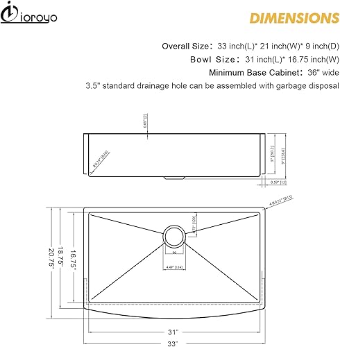 Miniatura 6 de Fregadero de cocina de granja de 33 pulgadas, fregadero de cocina estilo granero estilo granero de 33 x 21 pulgadas, acero inoxidable, calibre 16,