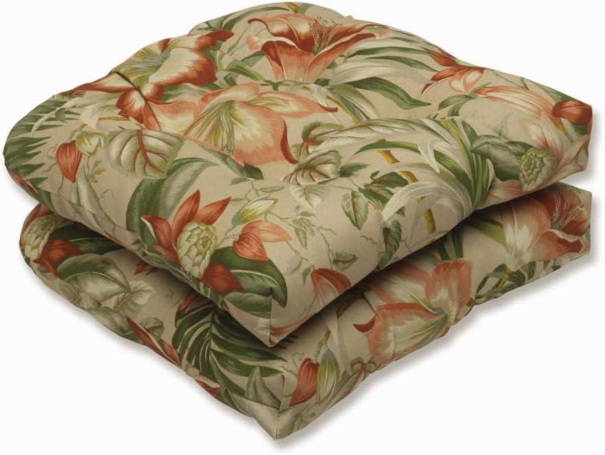 Pillow Perfect Tropic Floral Indoor/Outdoor Chair Seat Cushion, Tufted, Weather, and Fade Resistant, 19" x 19", Tan Botanical Glow, 2 Count Round Corner - 19" x 19" Tan Botanical Glow