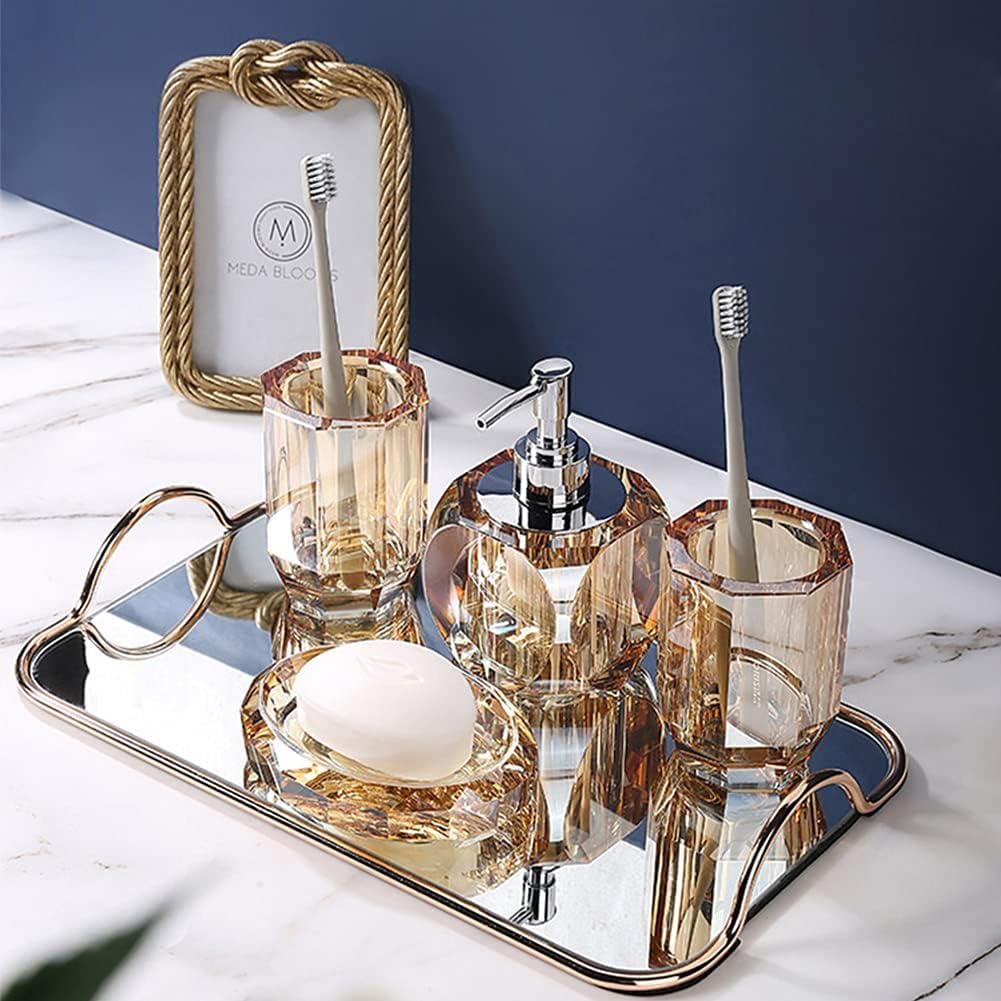 Juego de baño de cristal con dispensador de jabón loción y jabonera dorada