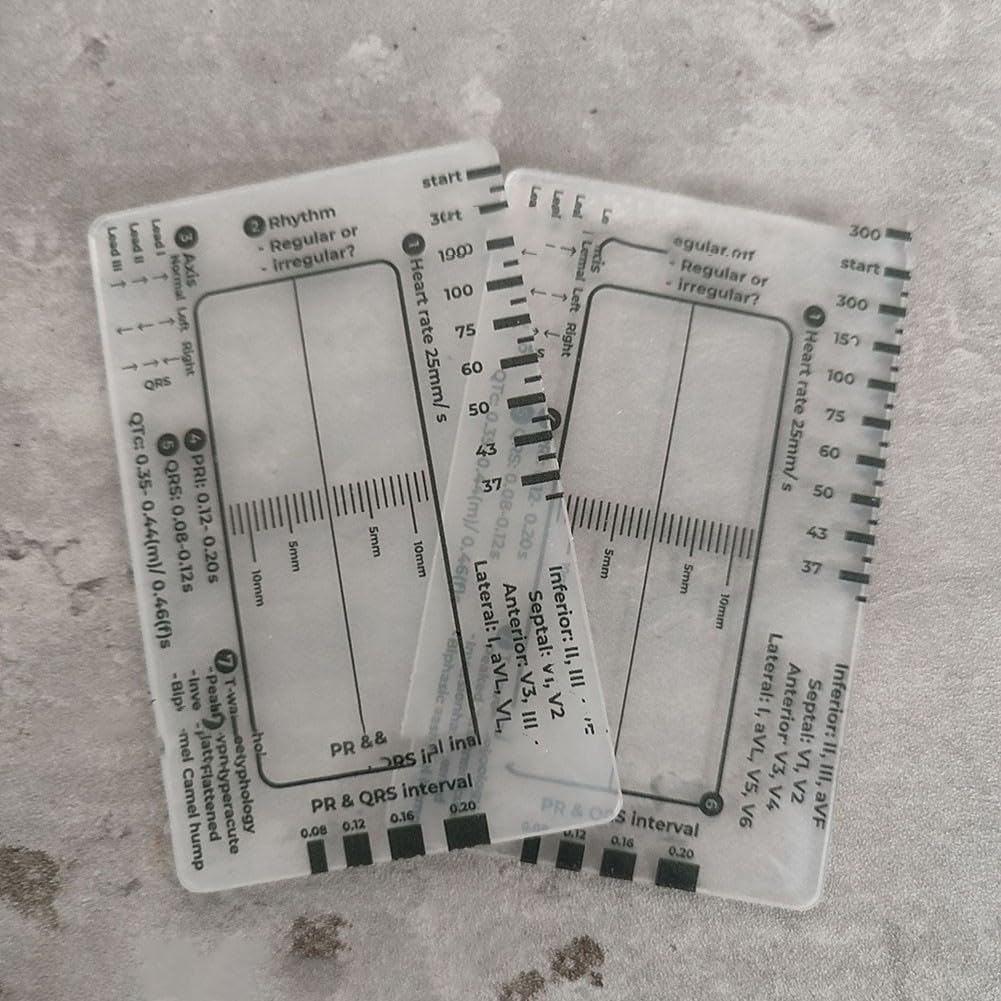 Righello ECG a 7 fasi con carte identificative trasparenti - Strumento di interpretazione per battito cardiaco, ritmo, asse, PR, QRS, elevazione/depressione ST, onda T (2 pezzi)