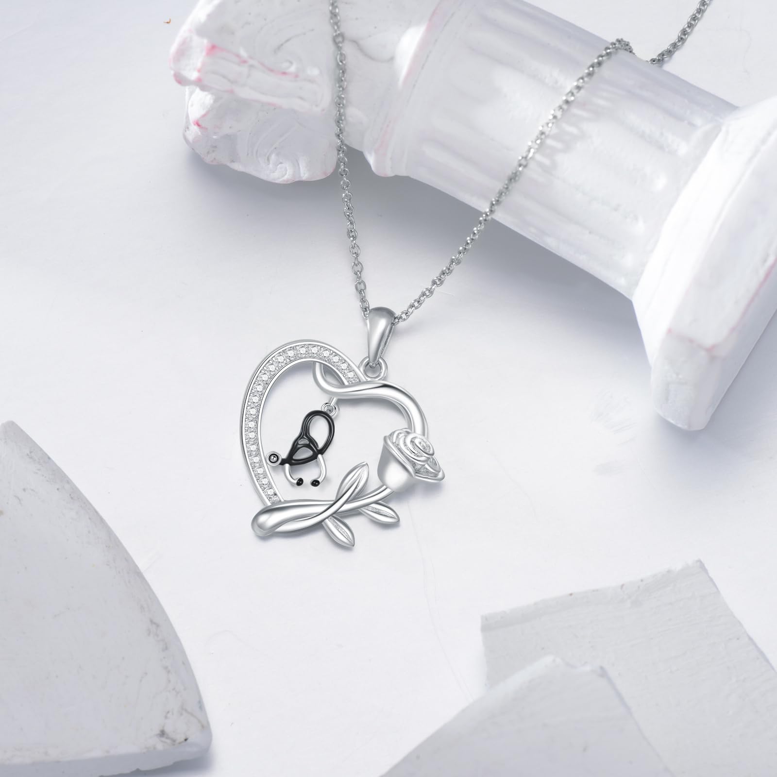 Stetoscopio collana in argento Sterling 925 cuore collana laurea regalo regalo per medici infermieri, 22*23, Argento sterling, Zirconia