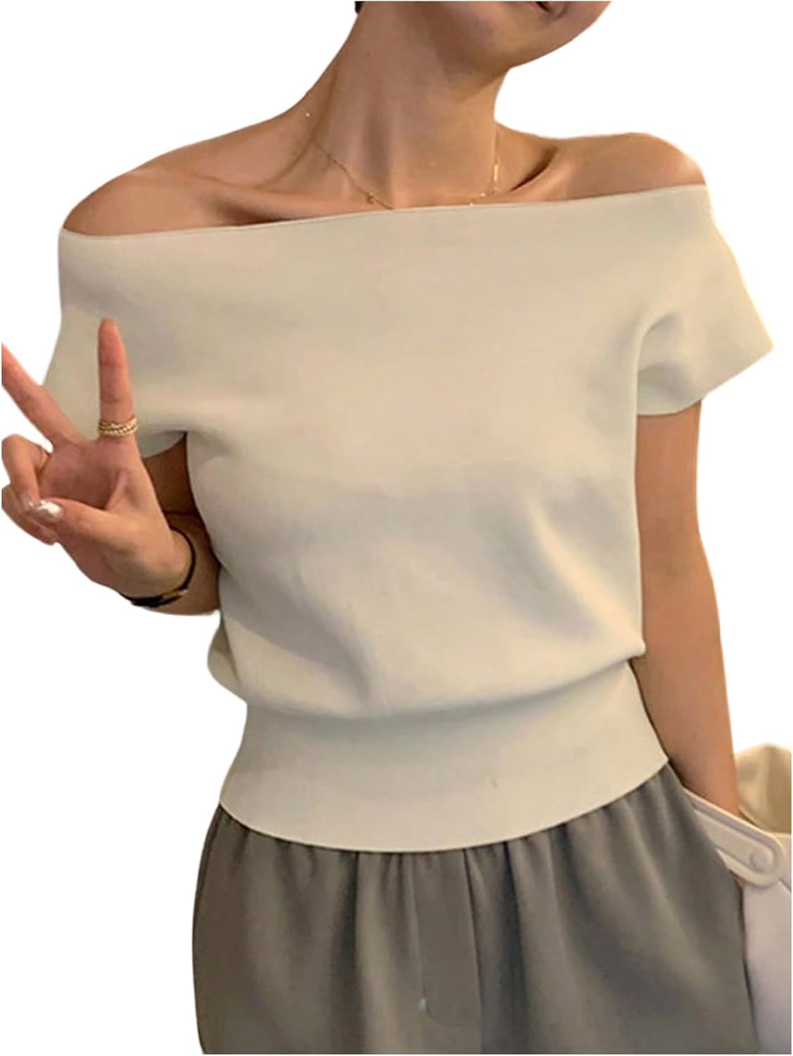 Off the shoulder tunic tops, lightweight knit sweaters for women.