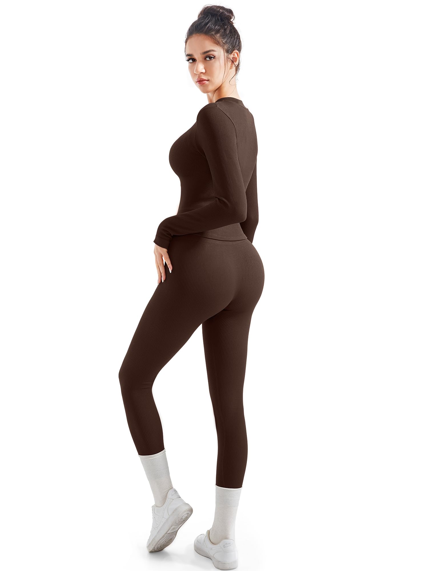 SUUKSESS Conjunto de entrenamiento acanalado sin costuras de 2 piezas para mujer, con chaqueta con cremallera, cintura alta, leggings de yoga para gimnasio