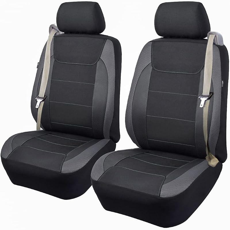 Flying Banner car seat Covers Quality Carbon Fiber Air Mesh Fabric Sport Low High Back Bucket Back Pocket Arm Rest (2 Fronts-Low Bucket-Built-in Seatbelt Compatible, Gray)