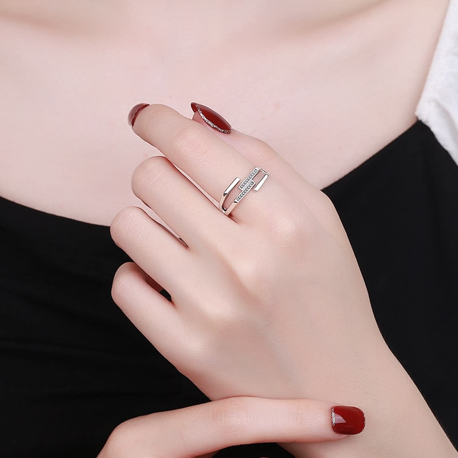 WXKAGF Anello Argento Sterling 925, Anelli di Fidanzamento Cuciture Geometriche Irregolari Anello Aperto FEDI Nuziali Misura Regolabile