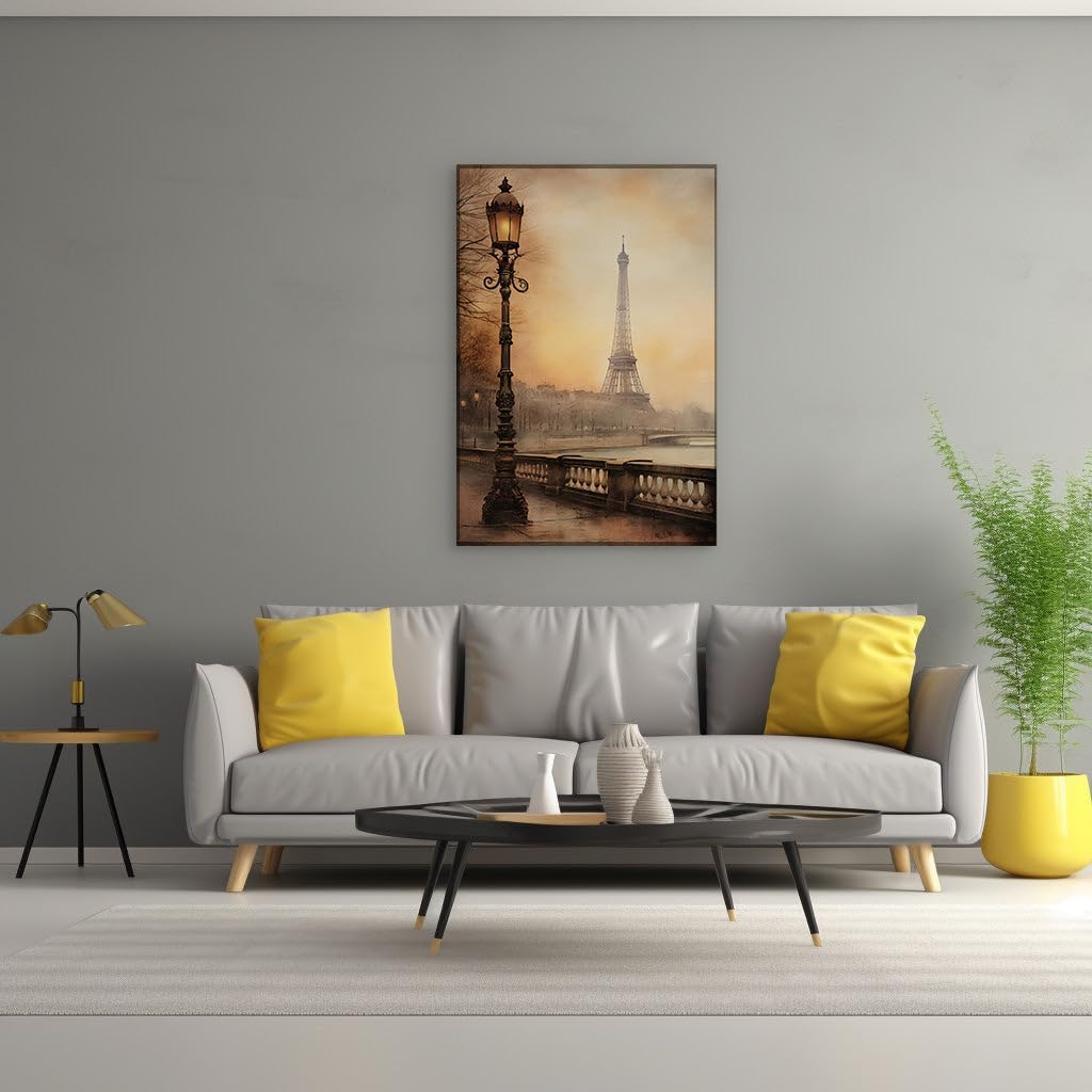 Canvas for Living room. Autumn Whisper in Paris: A Dusk-lit Embrace by the Seine River, 27 x 18 inch Canvas Wall Art - Contemporary Masterpieces - Modern Home Decor - 69x46 cm (27x18 inch)