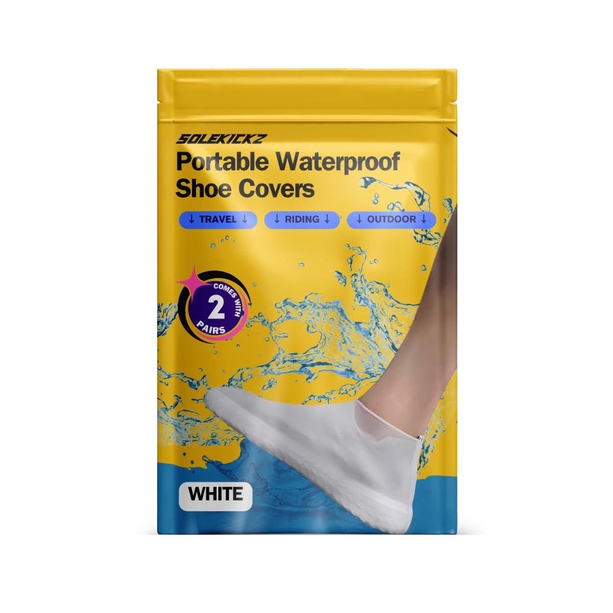 Solekickz 2 pairs Waterproof Shoe Covers, Anti-Slip Water Resistant Overshoes Silicone Rubber Rain Shoe Cover Outdoor cycling Protectors apply to Men, Women, Kids (White) (Large)