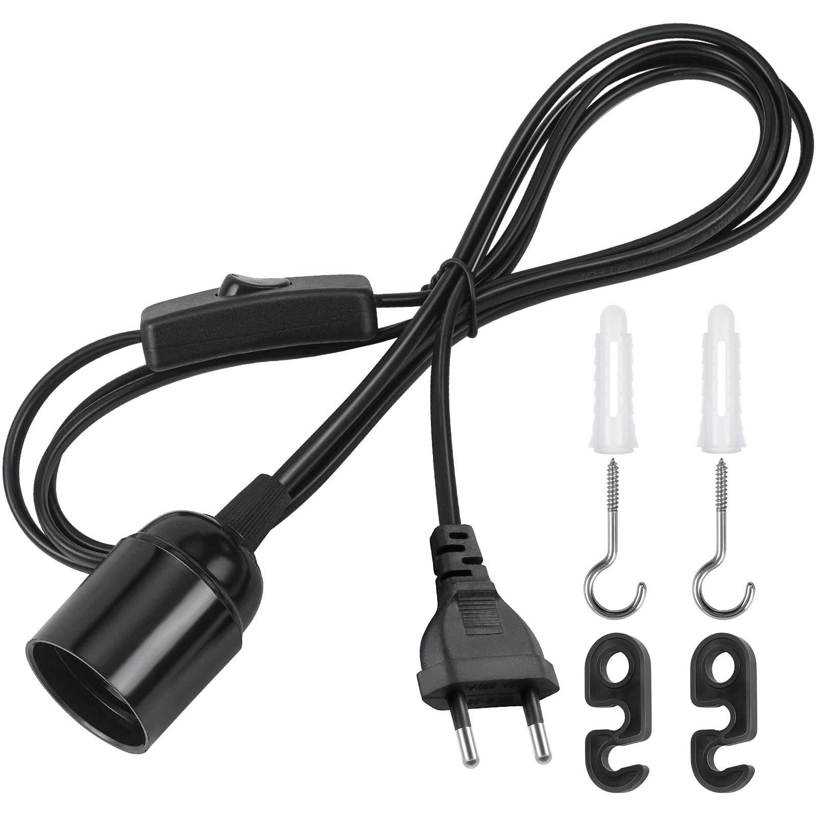DiCUNO Oprawa lampy E27 z przełącznikiem, gwint E27 z kablem sieciowym 2 m i wtyczką EU, do zawieszenia lamp, lamp wiszących, lamp sufitowych, projektów DIY, czarna, 1 sztuka