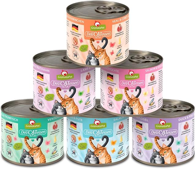 GranataPet DeliCatessen multipak 1, pakiet testowy mokrej karmy dla kotów, pełnoporcjowa, bezzbożowa karma dla kota o wysokiej zawartości mięsa, z wartościowymi olejami, 6 x 200 g