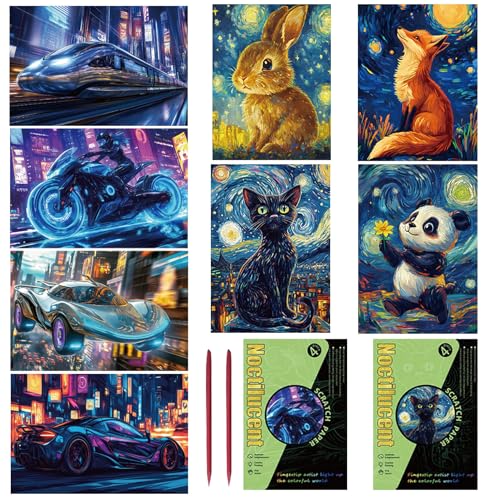 Georgie Porgy Kratzbilder Set DIY Bastelsets für Kinder Erwachsene Magic Rainbow Kratzpapier für Weihnachten Geburtstagsgeschenk mit Kratzwerkzeuge Kit (A5-Nachtleuchtend Süße Tiere+Rennwagen)