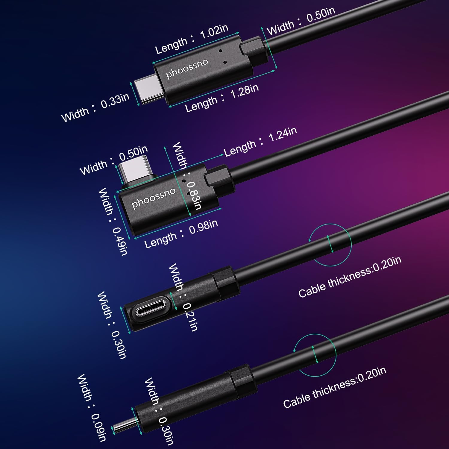 phoossno USB C Cable de fibra óptica 5m derecho, bidireccional 10Gbps Transmisión&60W carga rápida, cable de amarre USB C de grado militar compatible con cámaras, VR&AR, computadoras portátiles ect