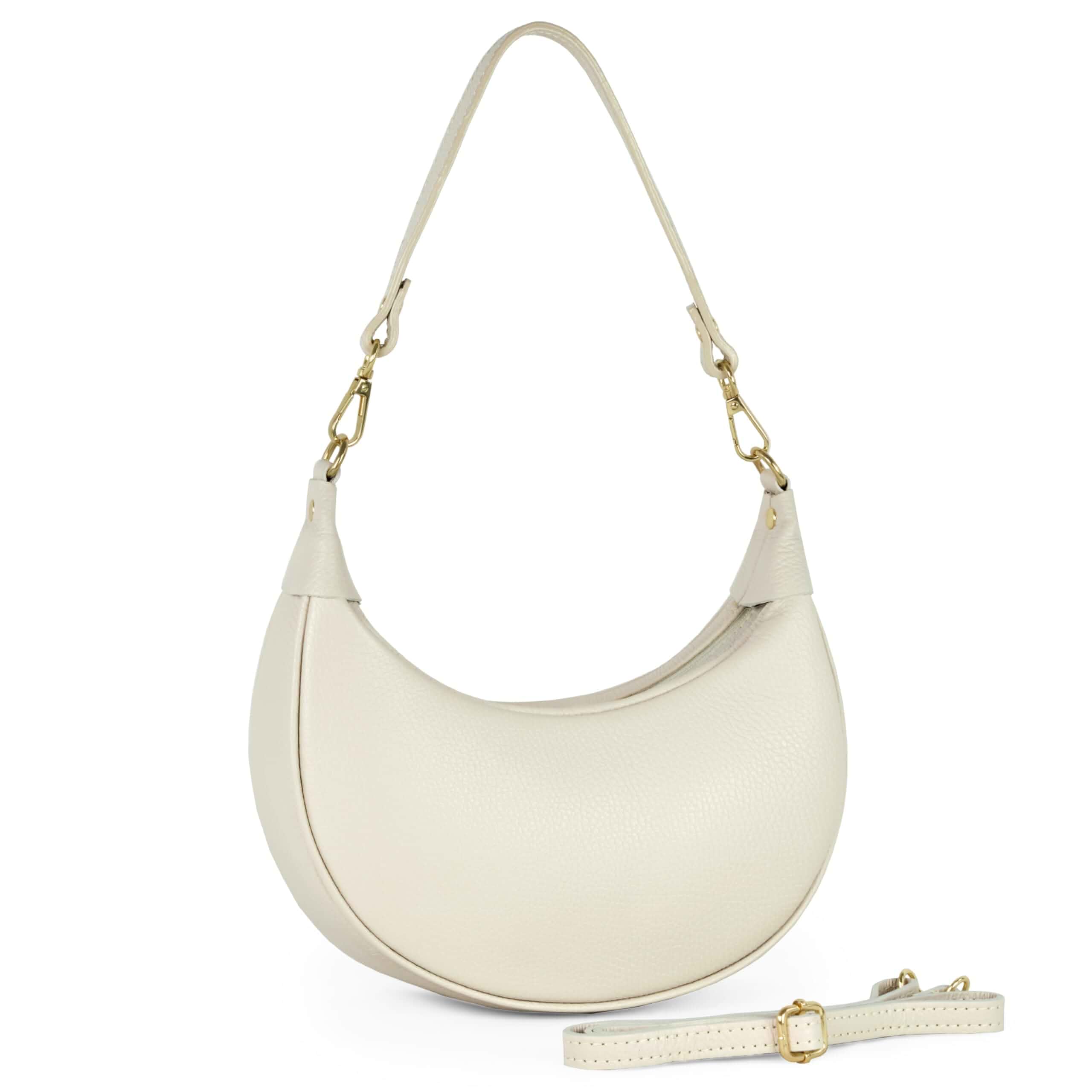 Italian Genuine Leather Shoulder Bag for Women, Crescent Saddle Style with Short & Long Straps | Soft Leather Purse (Beige)