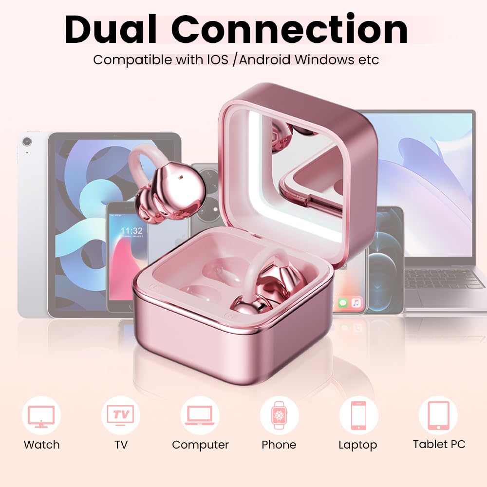 Cuffie auricolari a clip con specchio per il trucco, auricolari aperti senza fili Bluetooth, sicuri e non cadono, durata della batteria ultra lunga, per telefoni Android/iOS (oro rosa)