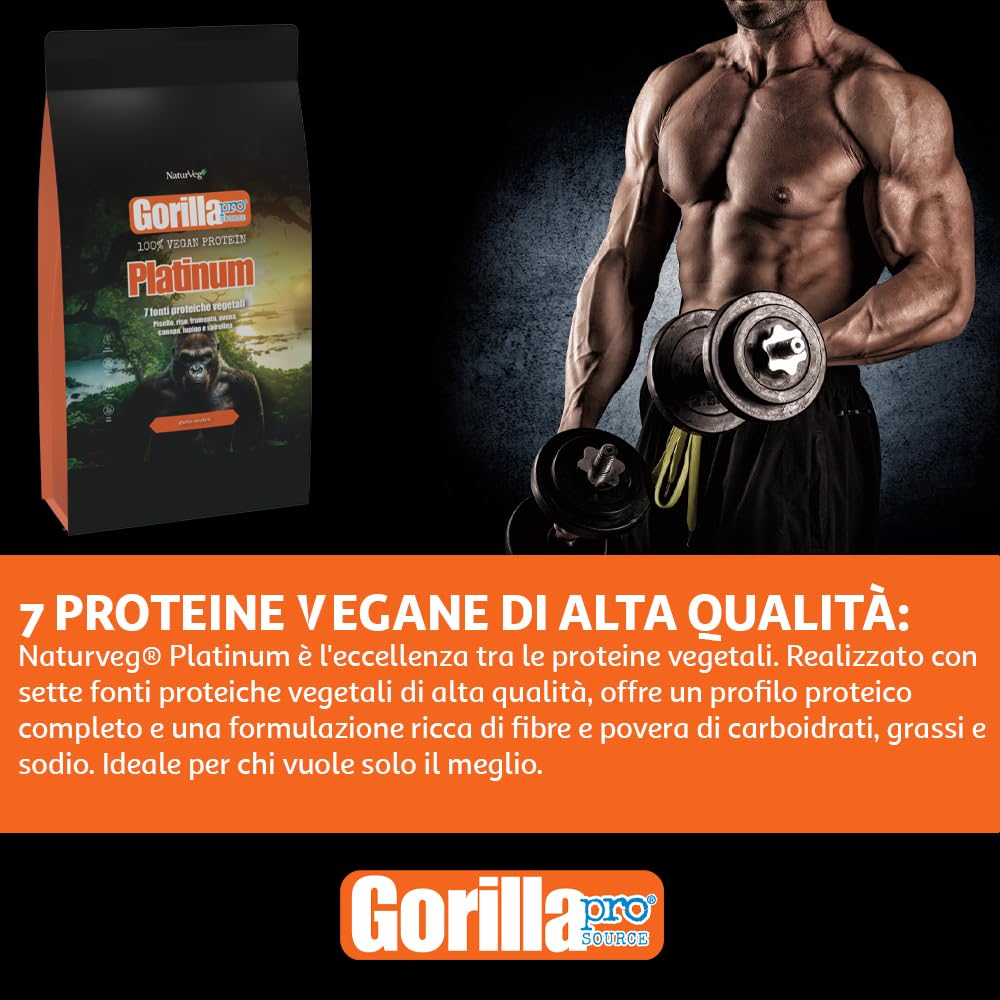 Naturveg® GORILLA PRO Platinum - Proteine Vegane in Polvere 1 Kg- Con proteine vegetali di Piselli, Riso, frumento, Avena, Canapa, Lupino, Spirulina (1Kg, Vaniglia)