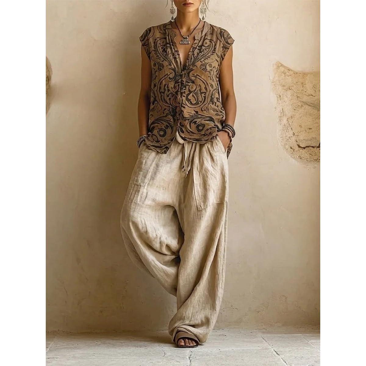 Ensemble 3 pièces vintage en lin mélangé avec débardeur et pantalon à jambes larges, style bohème décontracté