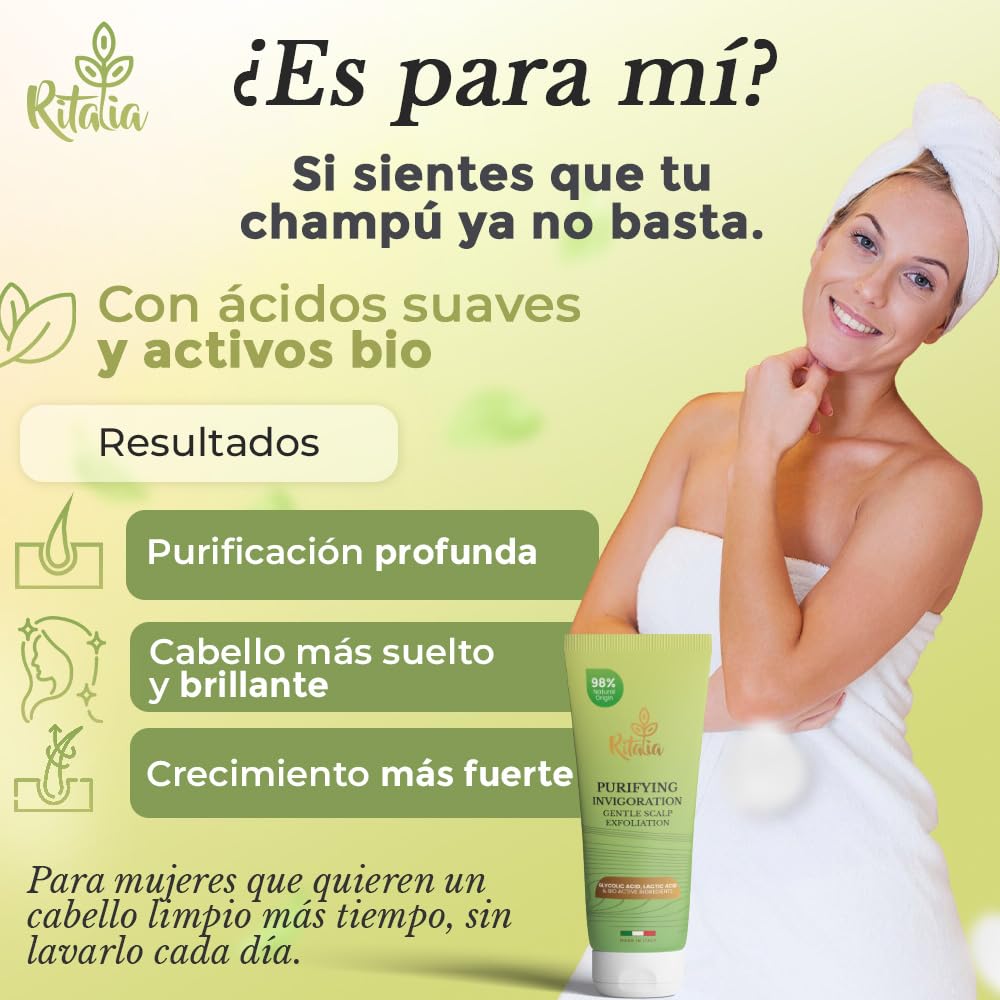 Ritalia® EXFOLIANTE CAPILAR Grande 250ml BIO sin sulfatos ni parabenos, Exfoliante cuero cabelludo SCALP SCRUB cabello graso o seco Micro peeling capilar desintoxica purifica y reequilibra