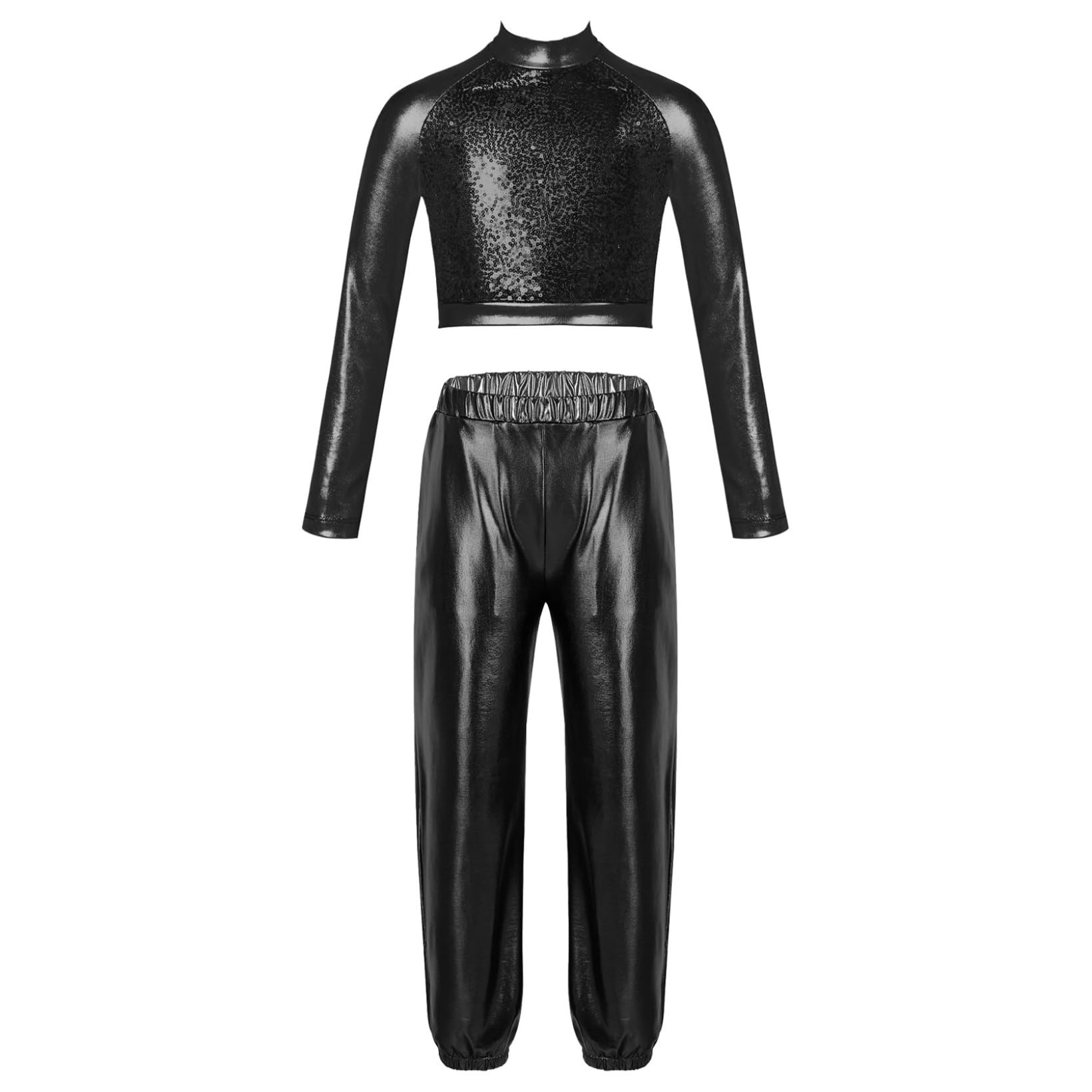 JanJean Kids Girls 2Pcs Dance Tracksuit Shiny Metallic Crop Top with Athletic Sweatpants Jazz Hip Hop Jazz Dance Costume Black 8 Years