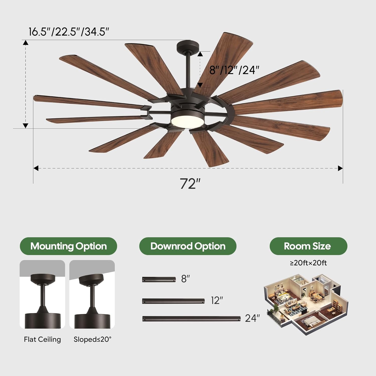 72 Inch Ceiling Fan with Light and Remote – 12-Blade Modern Farmhouse, Large Airflow 9550 CFM, Quiet Reversible DC Motor, Damp Rated for Indoor/Outdoor Patio, Covered Porch, Vaulted High Ceilings