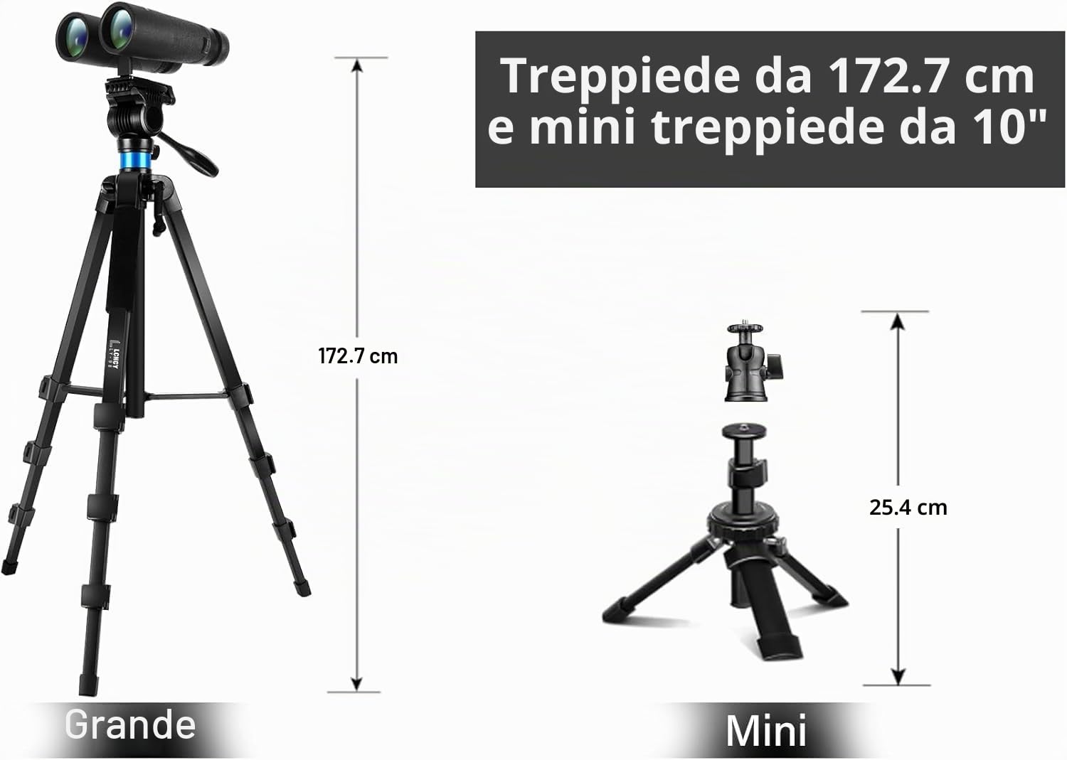 Treppiede per Binocolo, Alluminio [173 cm + 25 cm] Telescopio Treppiede, con Adattatore Binocolo, 2 Piastre Sgancio Rapido, Supporto per Smartphone/iPad