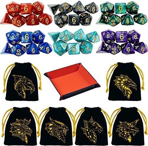 REZIPO 6 Sets DND Dice Polyhedral Dice Dungeons and Dragons Rolling Dice for RPG MTG Table Games Black