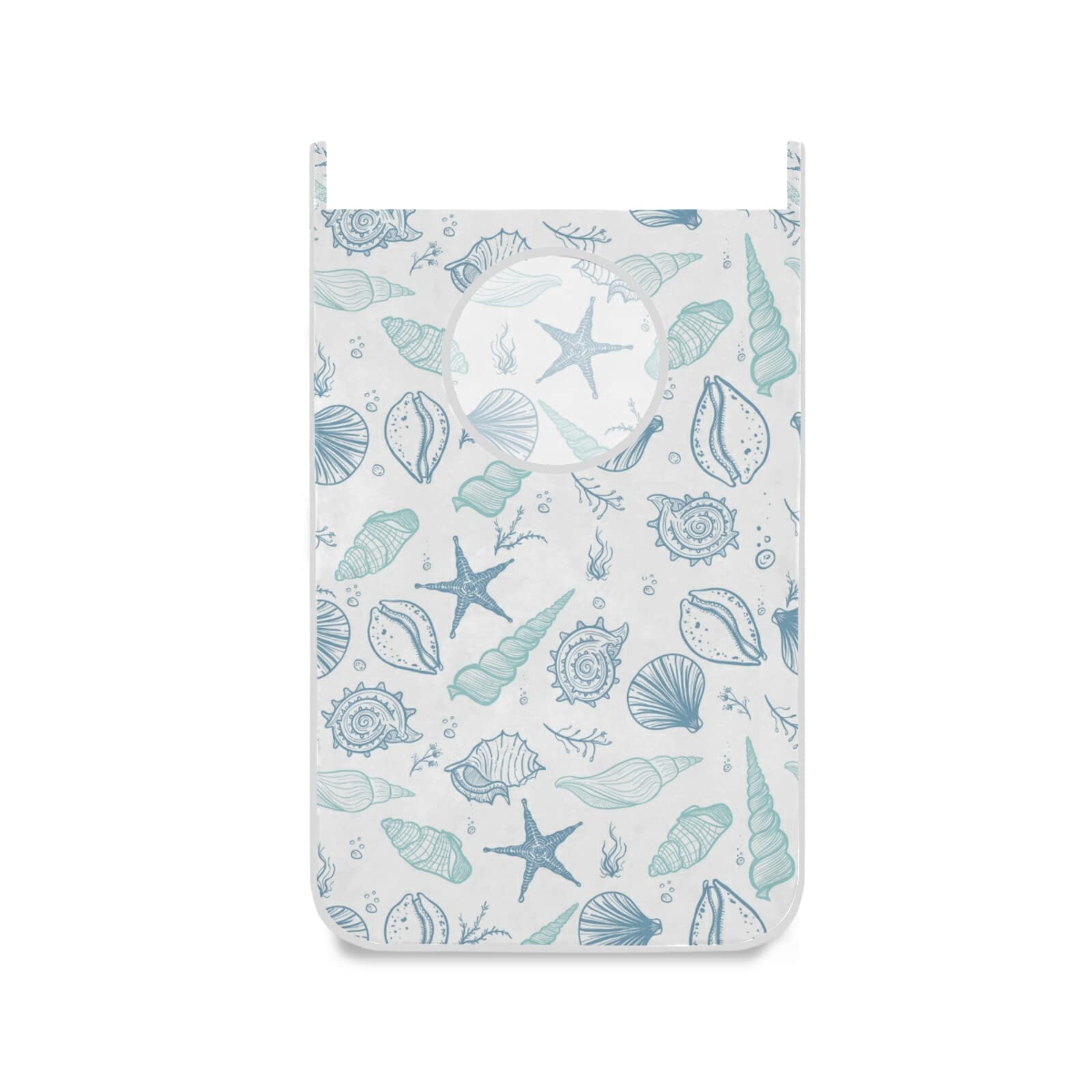 Poeticcity Blue,Turquoise Seamless Turquoise Blue Seashells, Starfish, Seaweed, Corals Hanging Laundry Hamper Bag, Dirty Clothes Bag Over The Door, Wall Cloth Basket With Hooks Storage Closet For Bathroom Bedroom