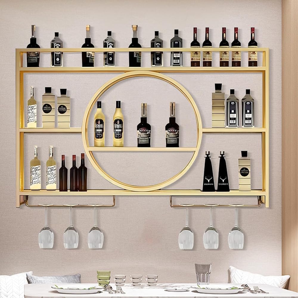 Étagère à vin murale flottante en métal 3 niveaux avec porte-verres inversé pour cuisine