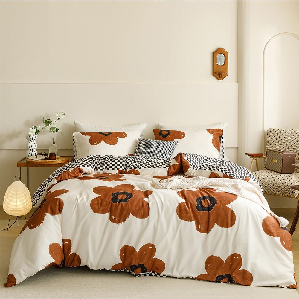Sunflower Full Size Comforter Sets 3Pcs Brown Floral Bedding Comforter Sets All Season Black White Plaid Comforter Botanical Comforter