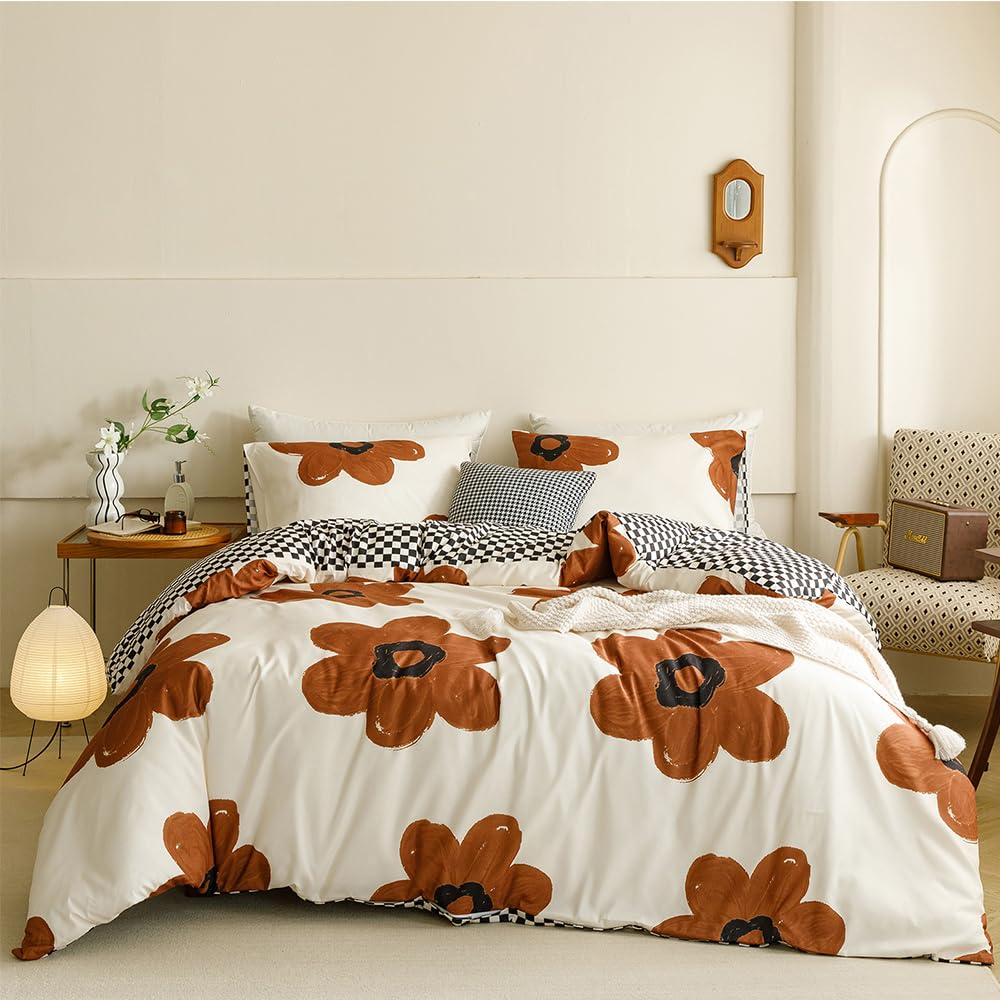 CLOTHKNOW Brown Sunflower Queen Comforter Set Floral Bedding Comforter Sets Black White Plaid Comforter Botanical Comforters with 2 x Pillow Cases