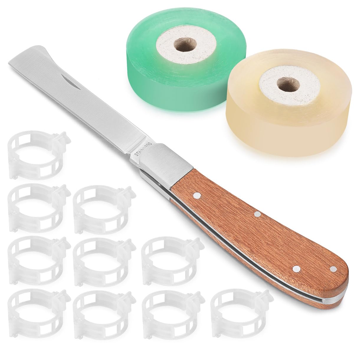 Garden Grafting Knife, Pruning Graft Folding Budding Knife for Seedling Fruit Tree Grafting, Weed Bushes Branches Plants Digging,Stainless Steel Knife with 2 Grafting Tapes,Several Fixing Clip